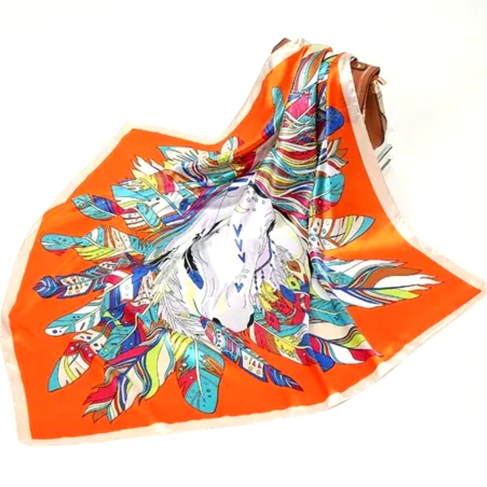 100% Silk Scarf with beautiful and colorful unicorn and feathers